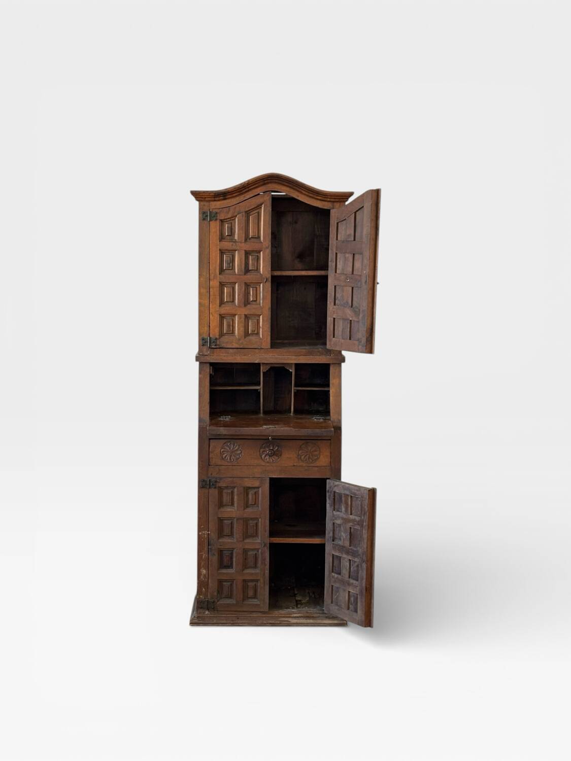 Antique Spanish wardrobe with three sections — carved drop front & wrought iron