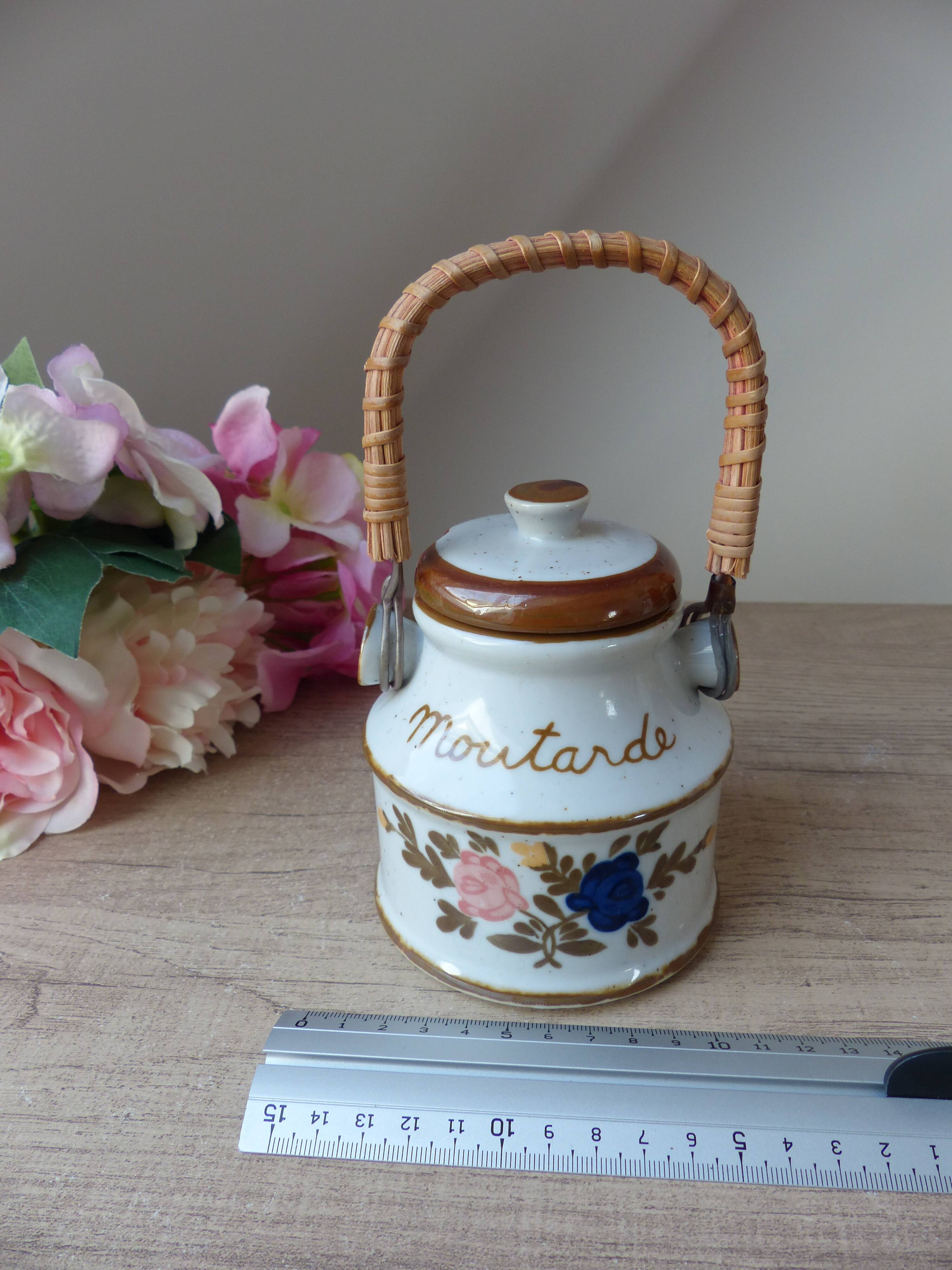 Old Great Mustard Pot with Ceramic Wicker Handle France