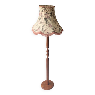 Vintage mid century teak floor standard lamp / large fringed floral shade
