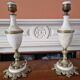 Pair of antique table lamps in white marble and gold metal.