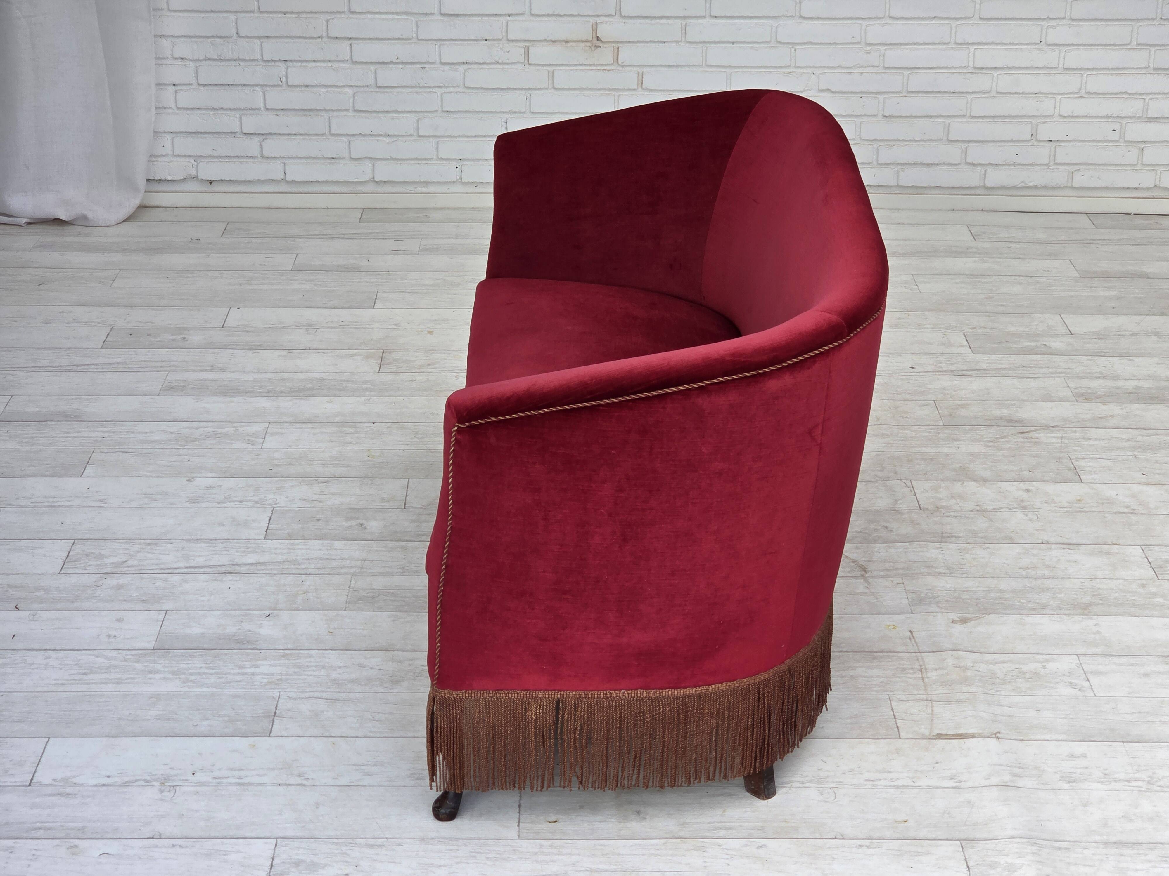 1960s, Danish 2-seater sofa, red furniture velour, ash wood legs.