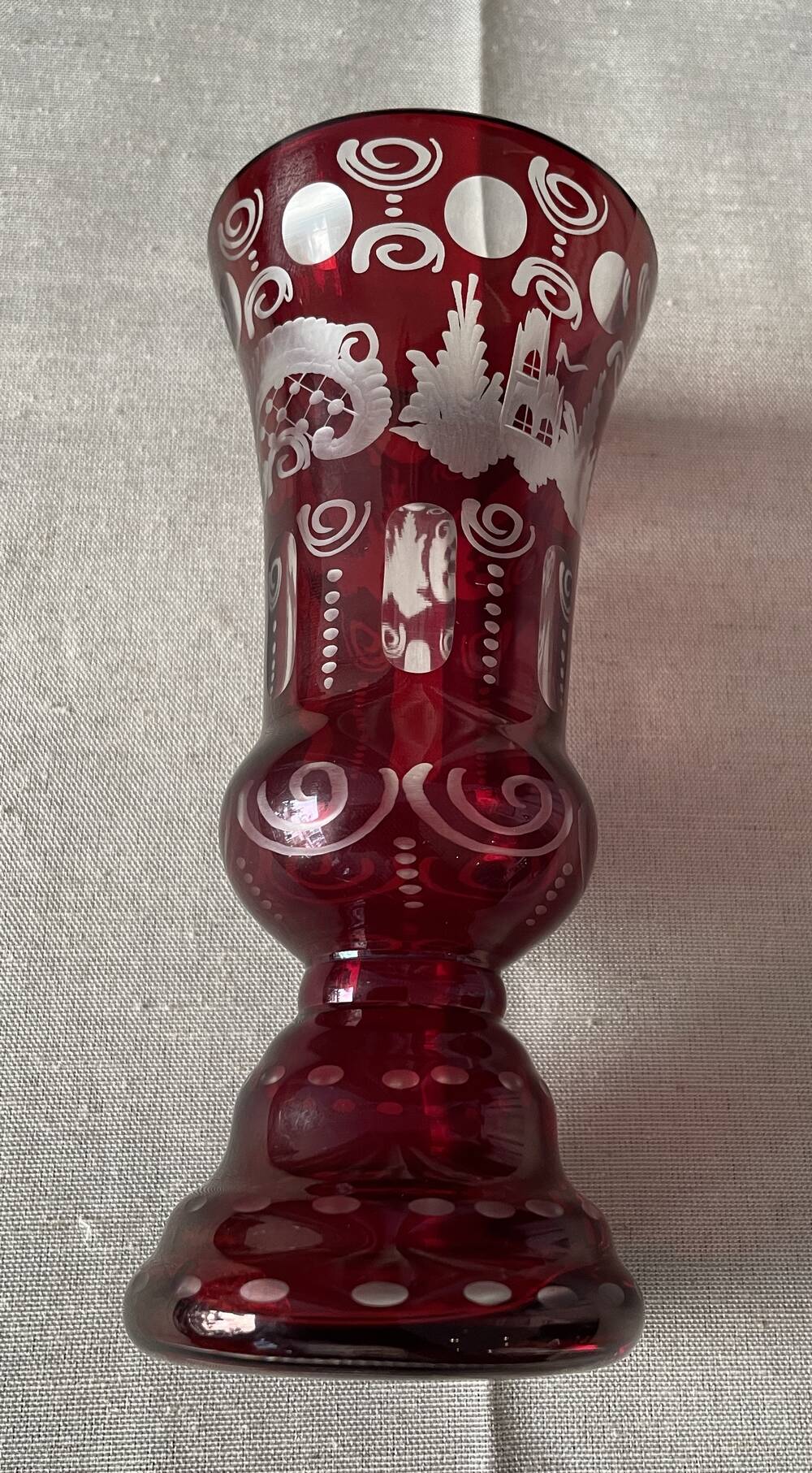 Bohemian glass vase ruby red with transparent decoration in pink and red table decoration
