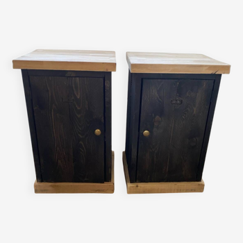 Lot de 2 tables de chevet nuit bois massif et chêne style industriel