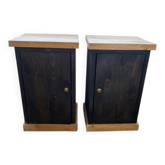 Lot de 2 tables de chevet nuit bois massif et chêne style industriel