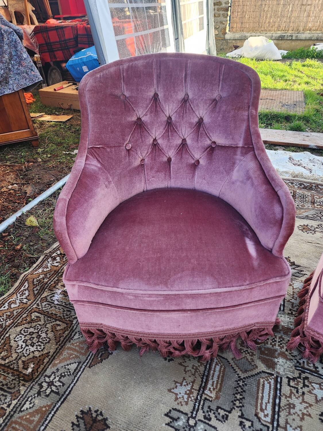 Pair of pink velvet toadstool armchairs