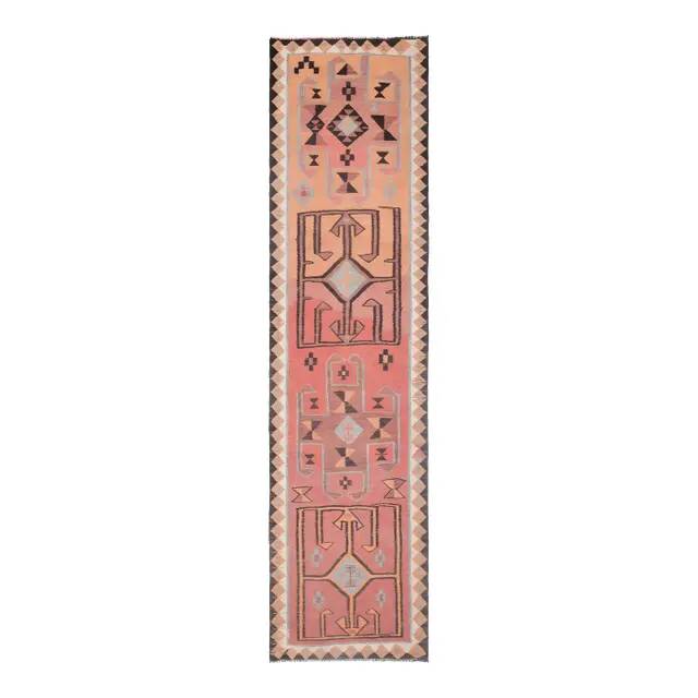 1970s Turkish Oushak Handmade Wool Cotton Orange Runner Rug 90x361