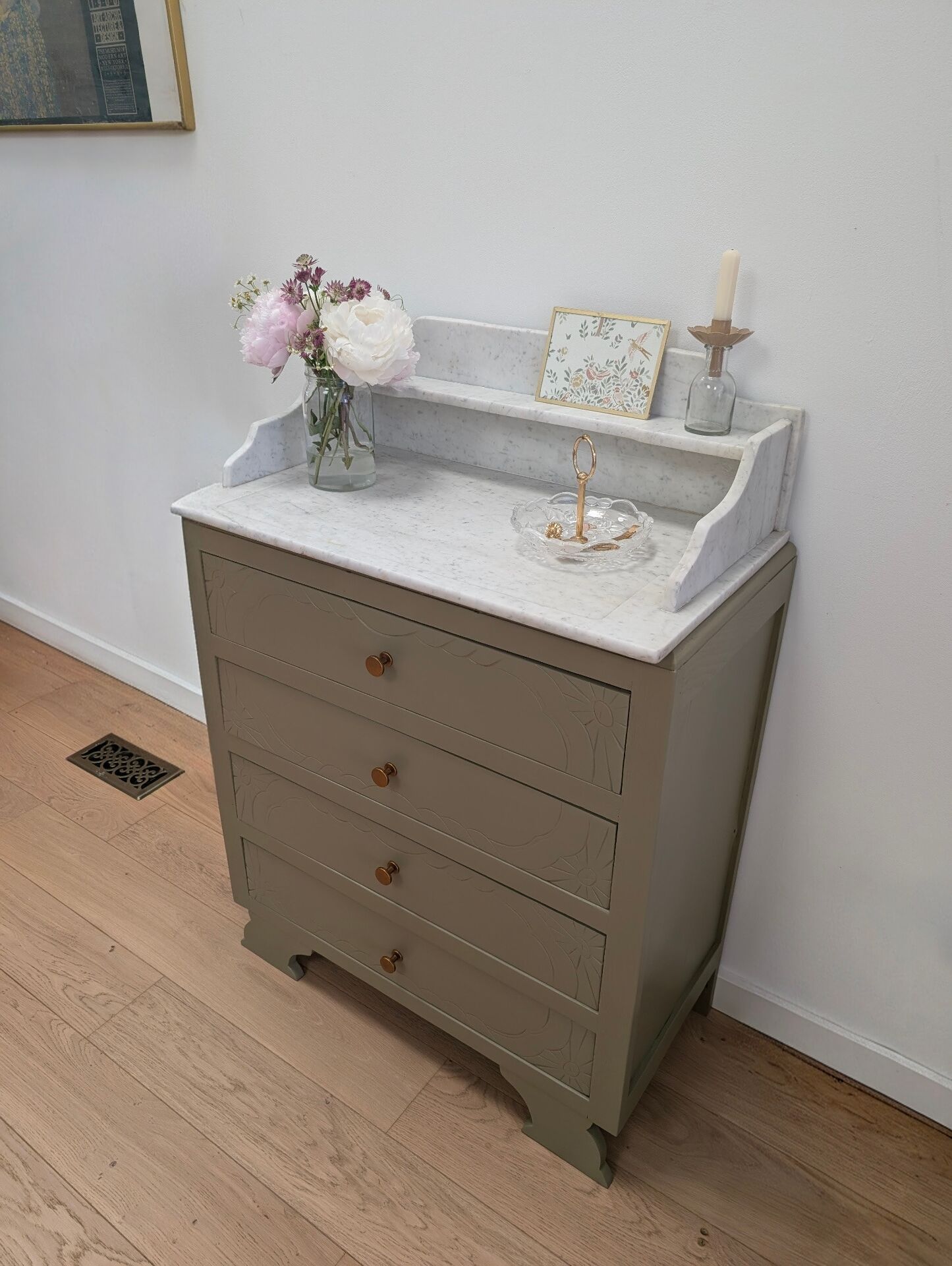 Antique commode revamped with a marble top, vintage dressing table.