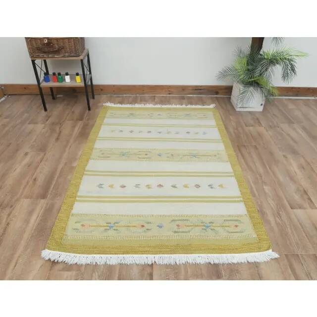 1970s Vintage Turkish Handmade Wool Cotton Green Kilim Rug 117x170