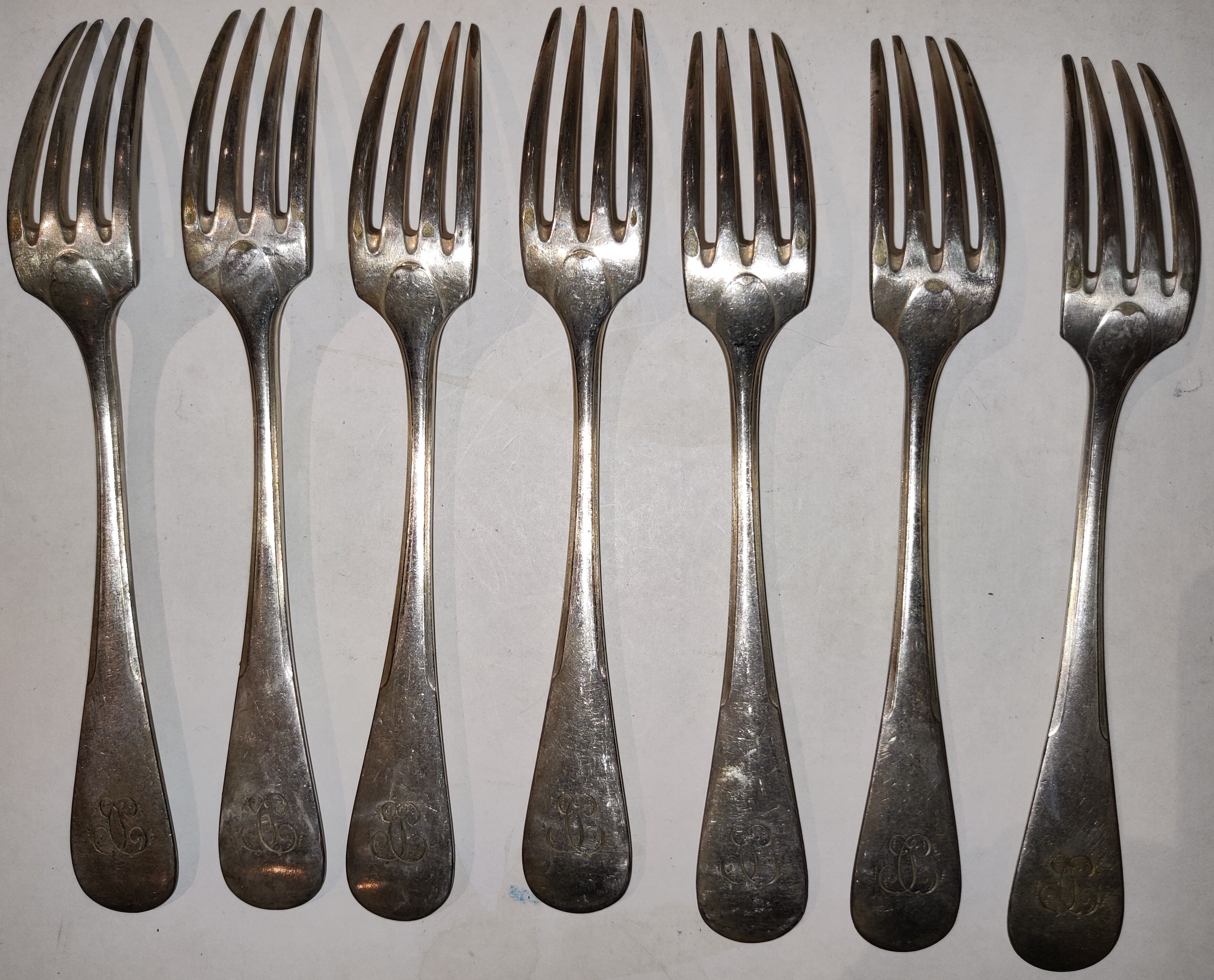 7 forks silver plated baguette christofle monogram J C before 1930