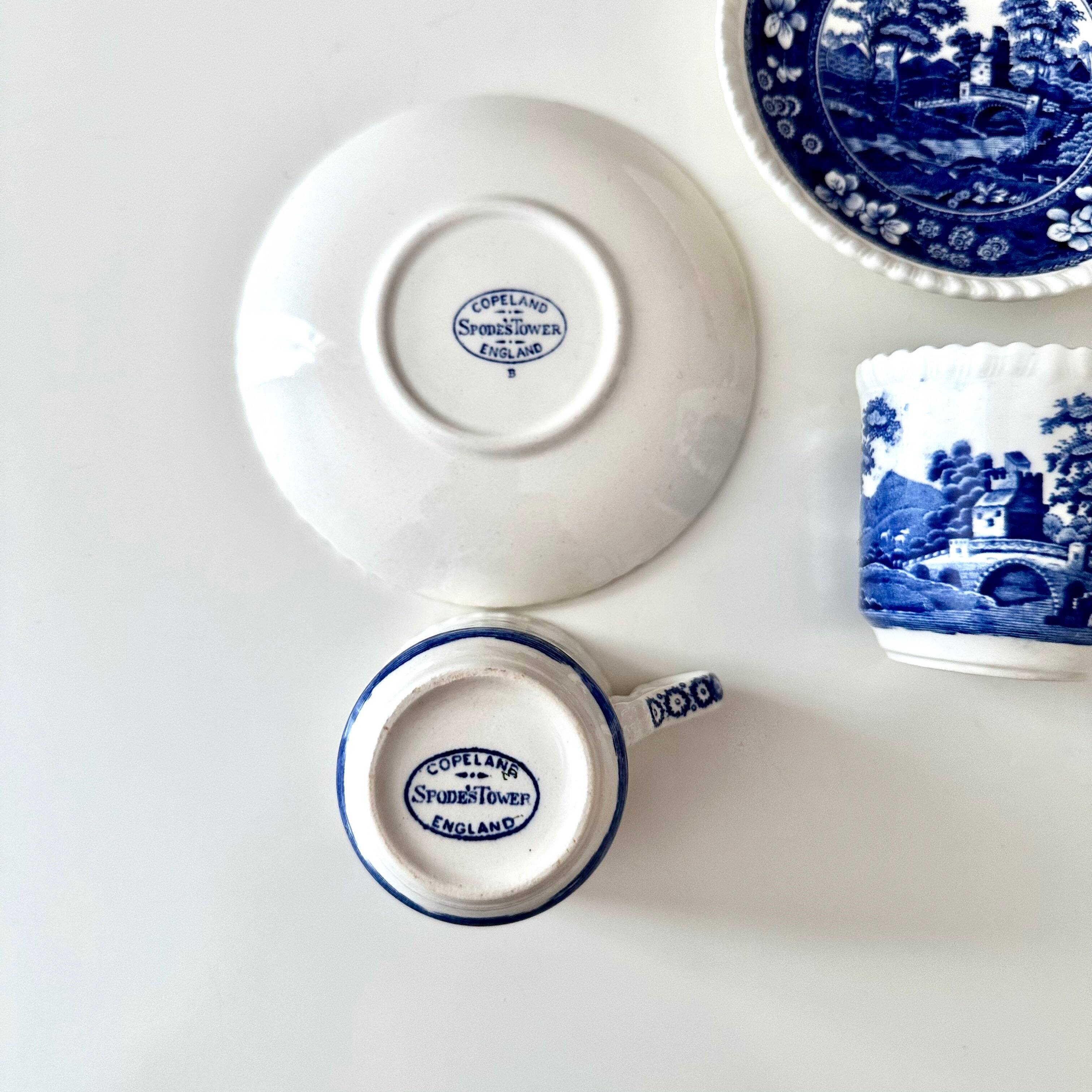 2 Spode Copeland “Blue Tower” Espresso Cups with Saucers – English Vintage