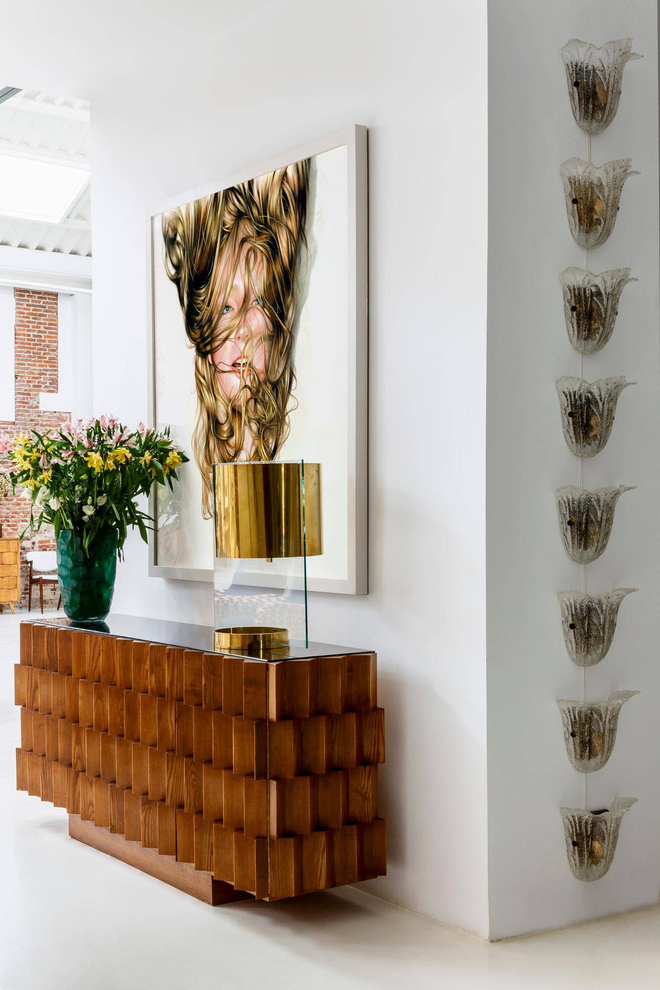 Mid-Century Modern Style Oak Wood and Black Glass Italian Sideboard