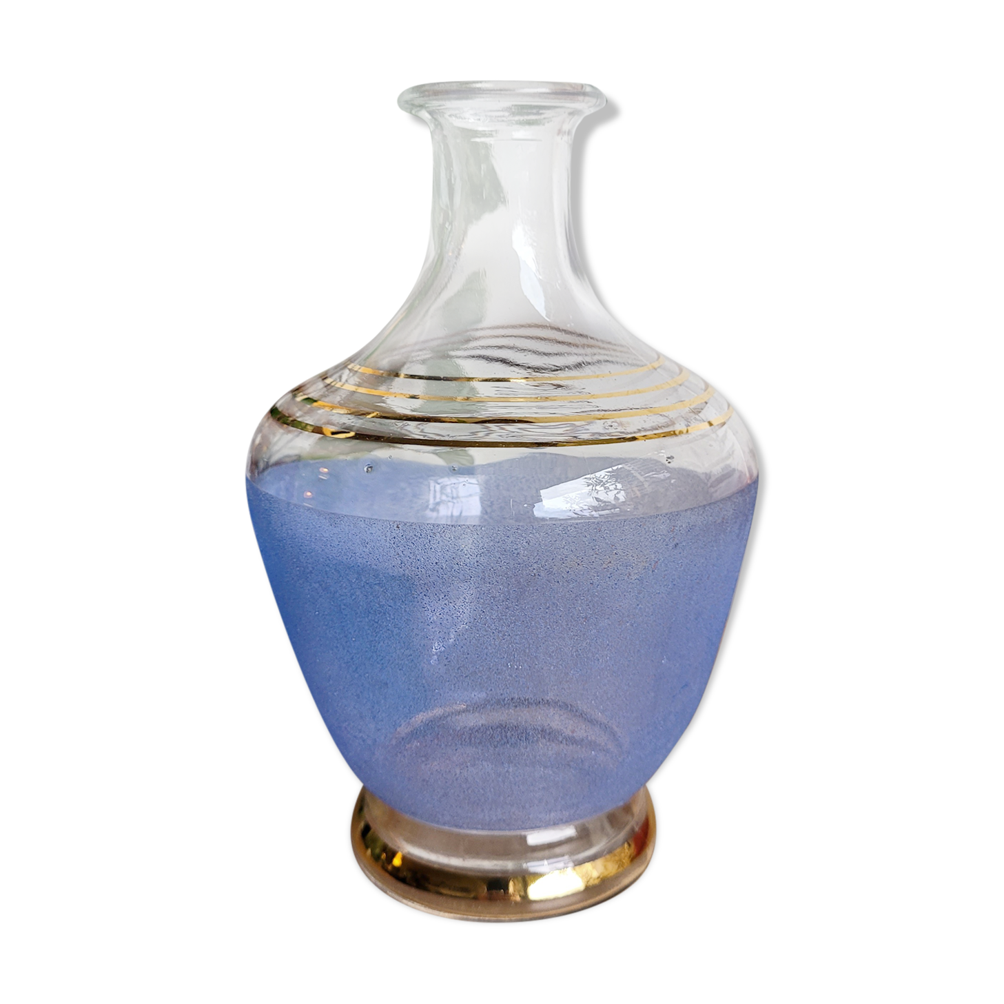 Decanter in blue granite glass and golden borders