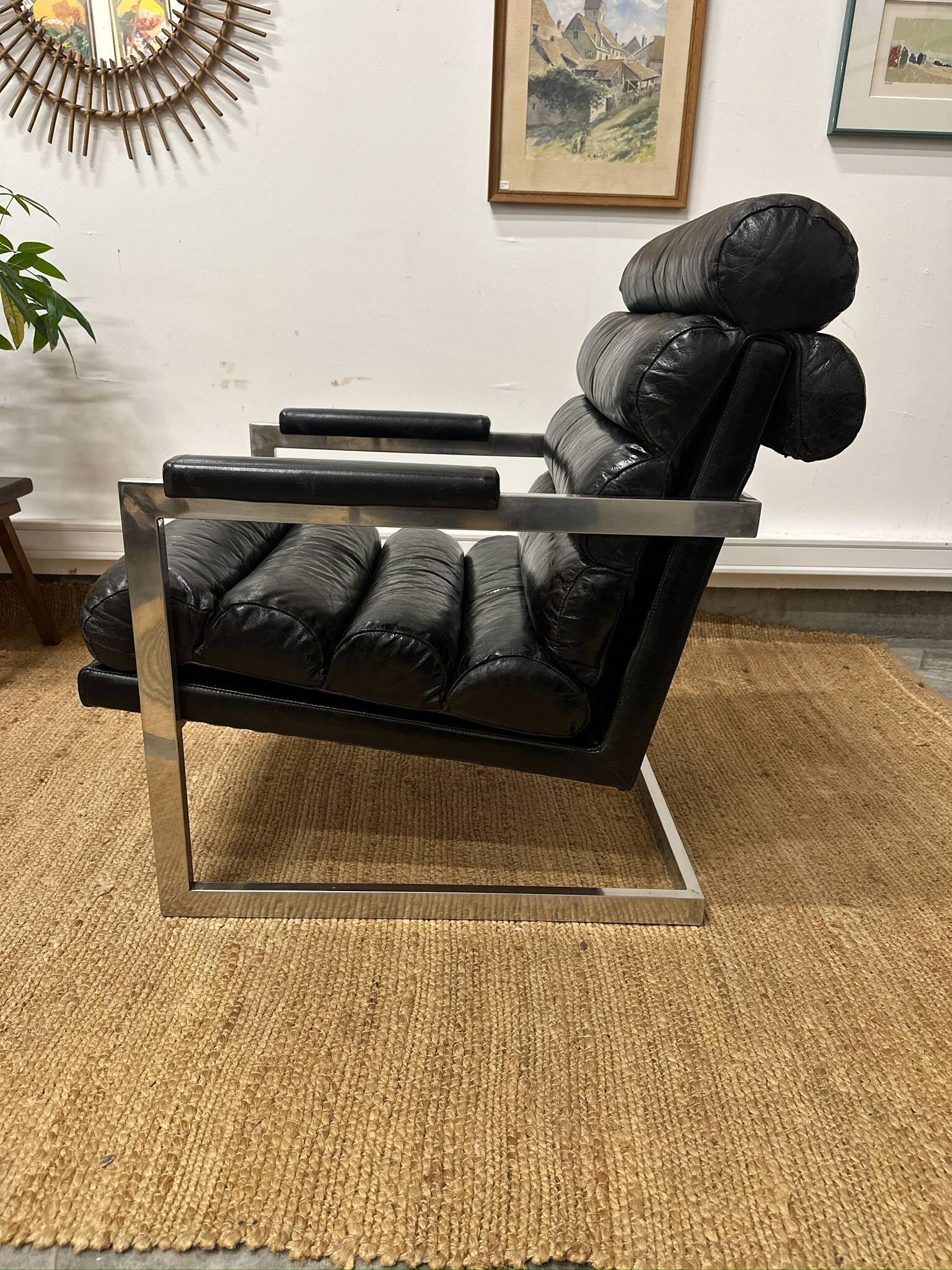 Vintage 1970s black leather armchair – metal frame