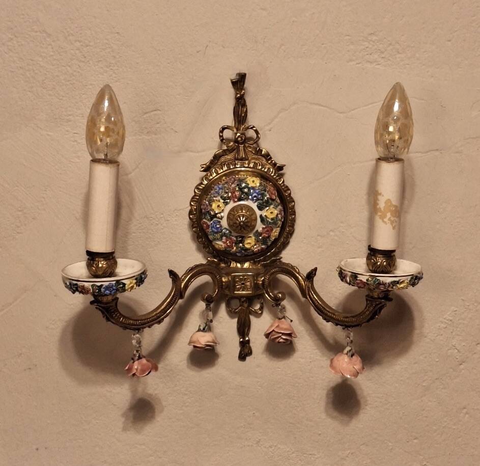 Mid century Spanish Boho ceramic and brass wall light
