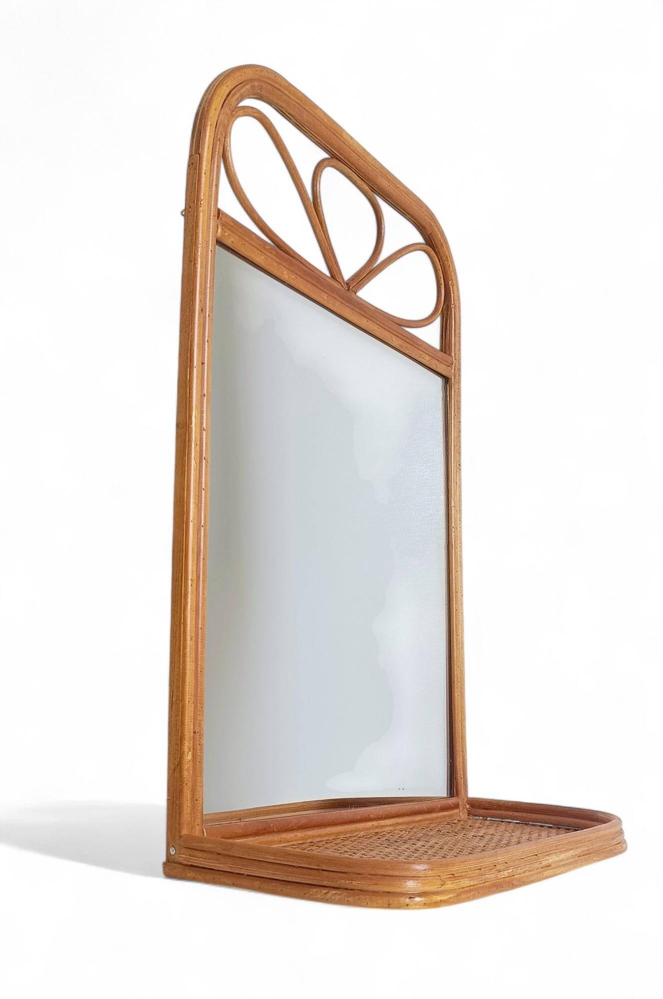 Mid Century French Riviera Rattan and Wicker Mirror With Shelf, Spain, 1960s–70s