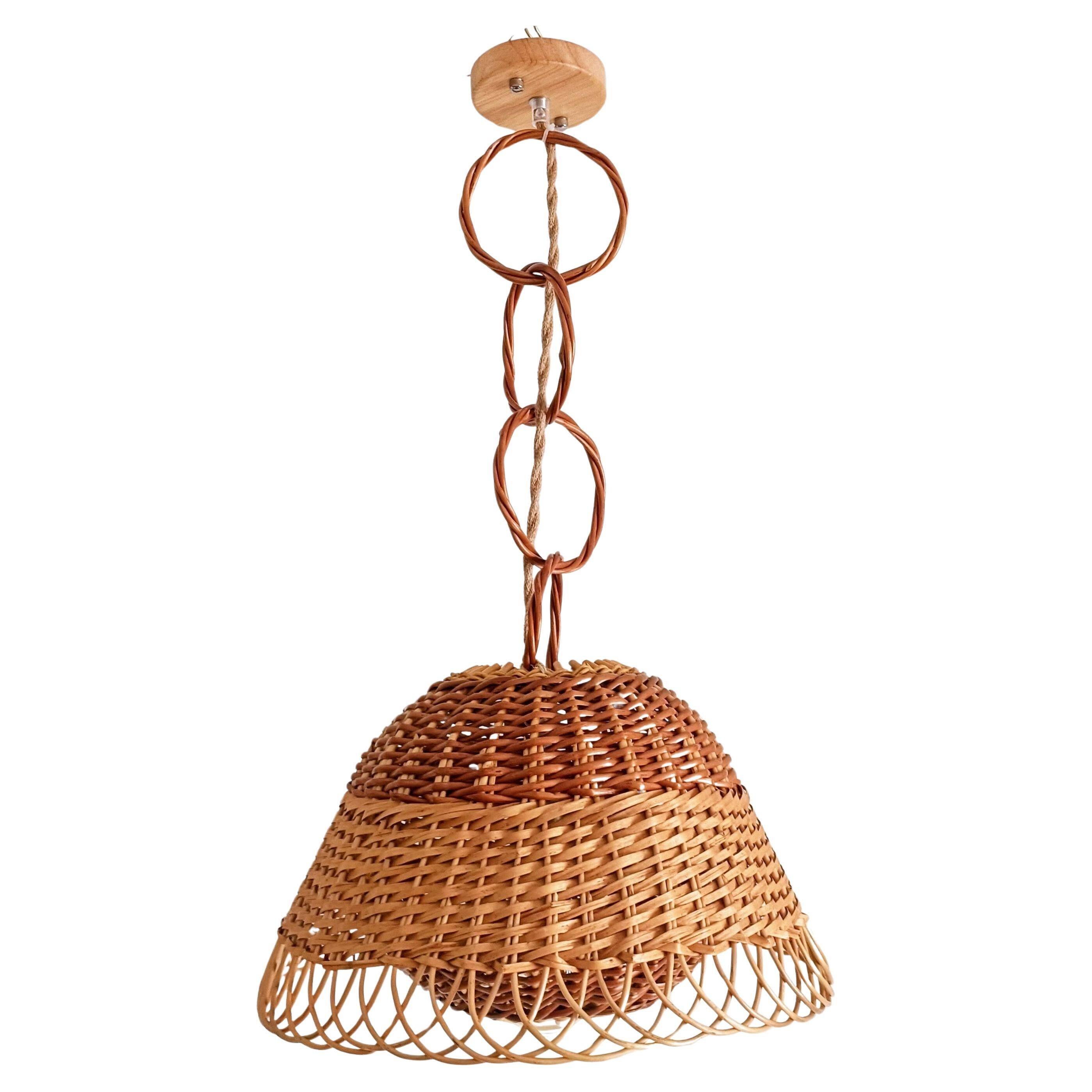 Rustic Mid-Century Wicker Pendant Lamp, Handwoven in Spain, c. 1960s