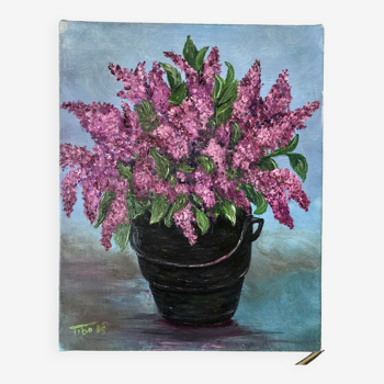 tableau huile sur toile bouquet de fleurs lilas vintage signée