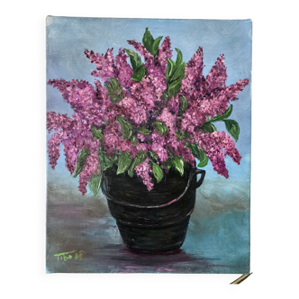 tableau huile sur toile bouquet de fleurs lilas vintage signée