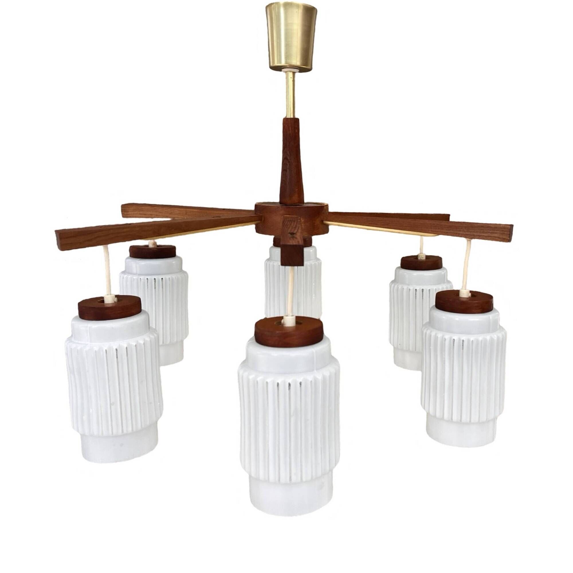Scandinavian six-arm chandelier made of teak wood, Denmark, 1970s.