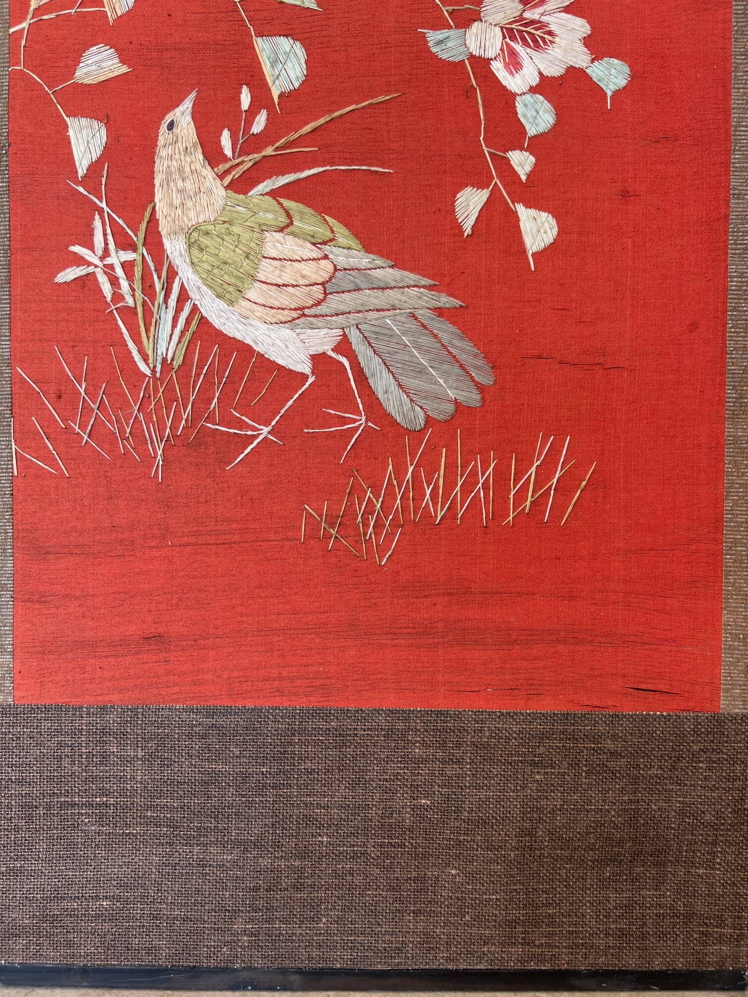 4-panel Japanese screen, 19th century, bird silk embroidery