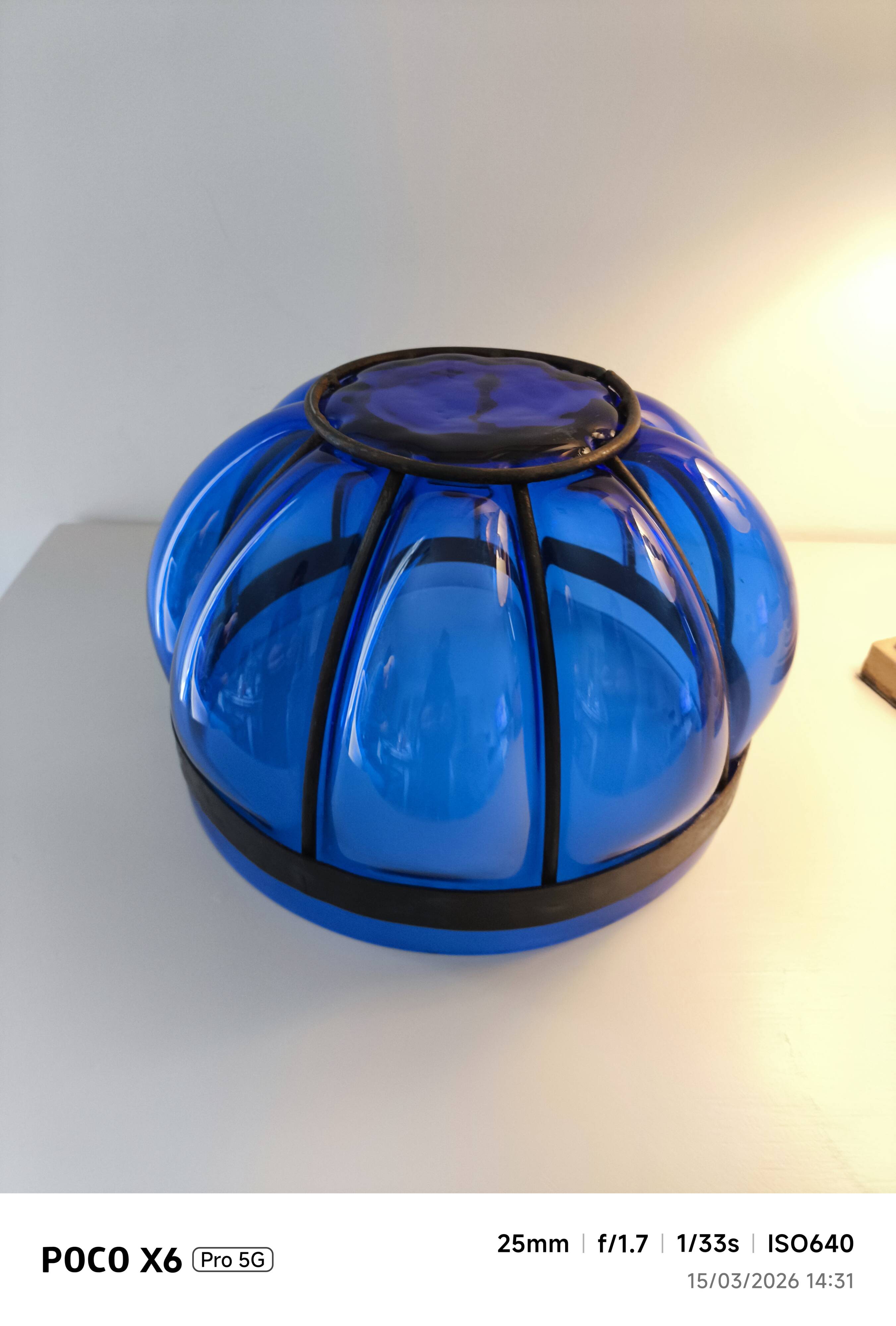 Superb vintage blown glass bowl in cobalt blue with its iron frame.