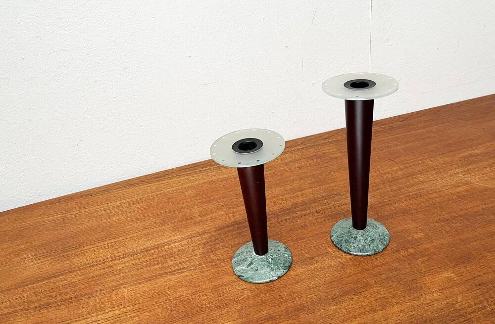 Vintage postmodern Italian wooden and stone candle holders, 1980s, set of 2.