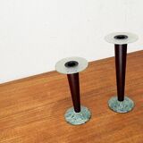 Vintage postmodern Italian wooden and stone candle holders, 1980s, set of 2.