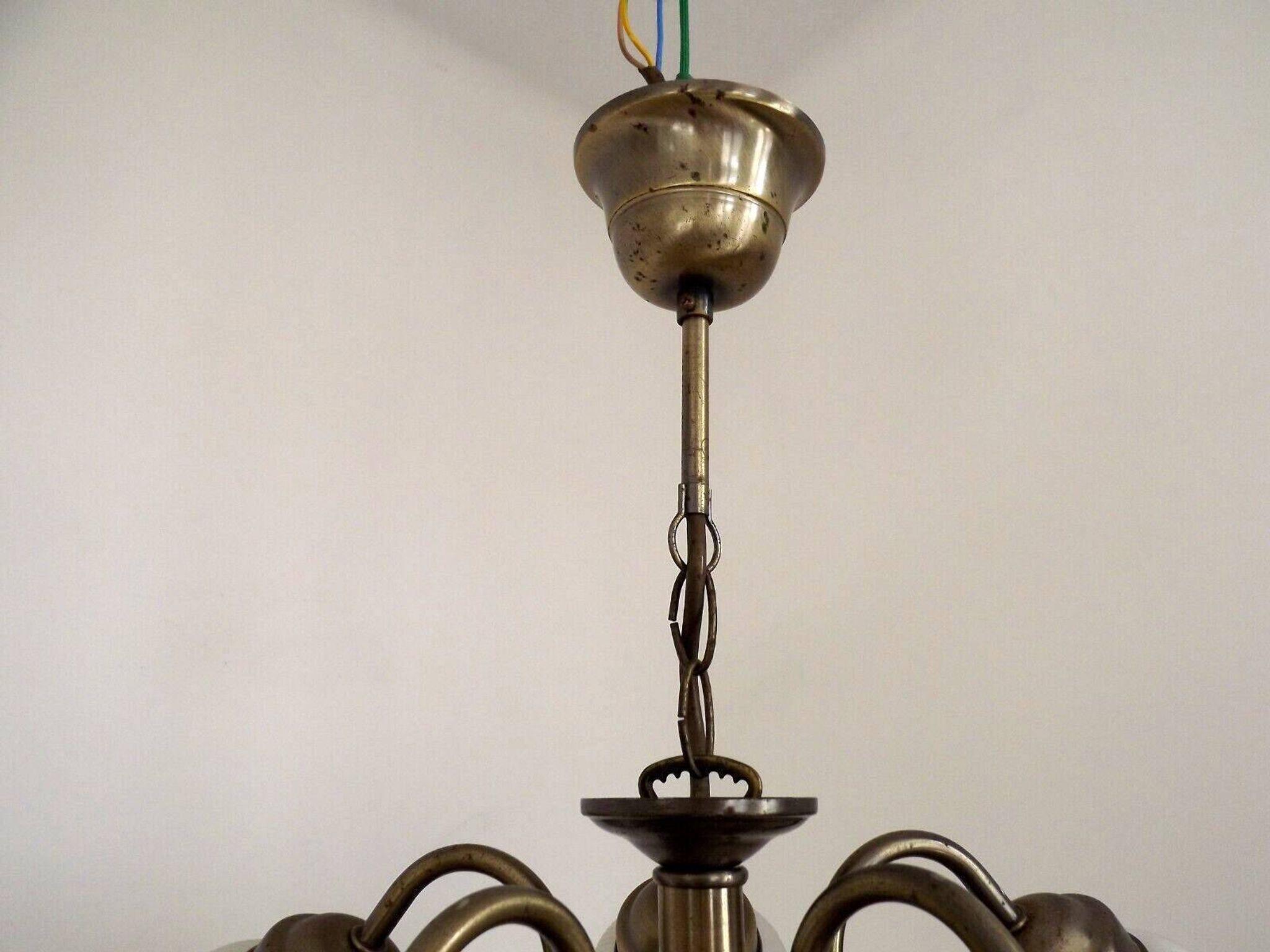 Vintage French 5 Light Silver Metal Chandelier With Patterned Glass Shades 4536