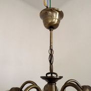 Vintage French 5 Light Silver Metal Chandelier With Patterned Glass Shades 4536
