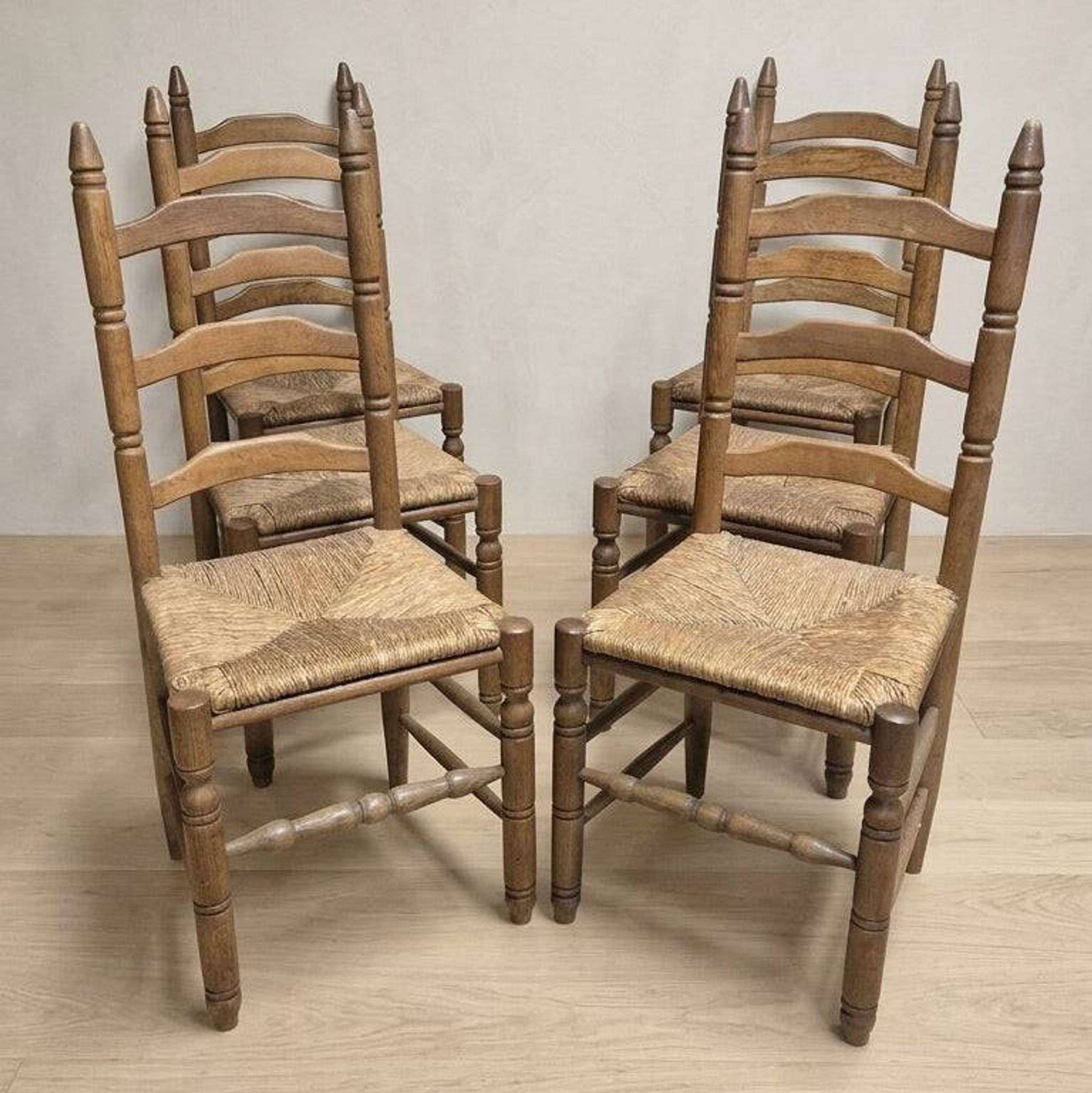 Set of 6 vintage wooden ladder-back dining chairs with woven seats