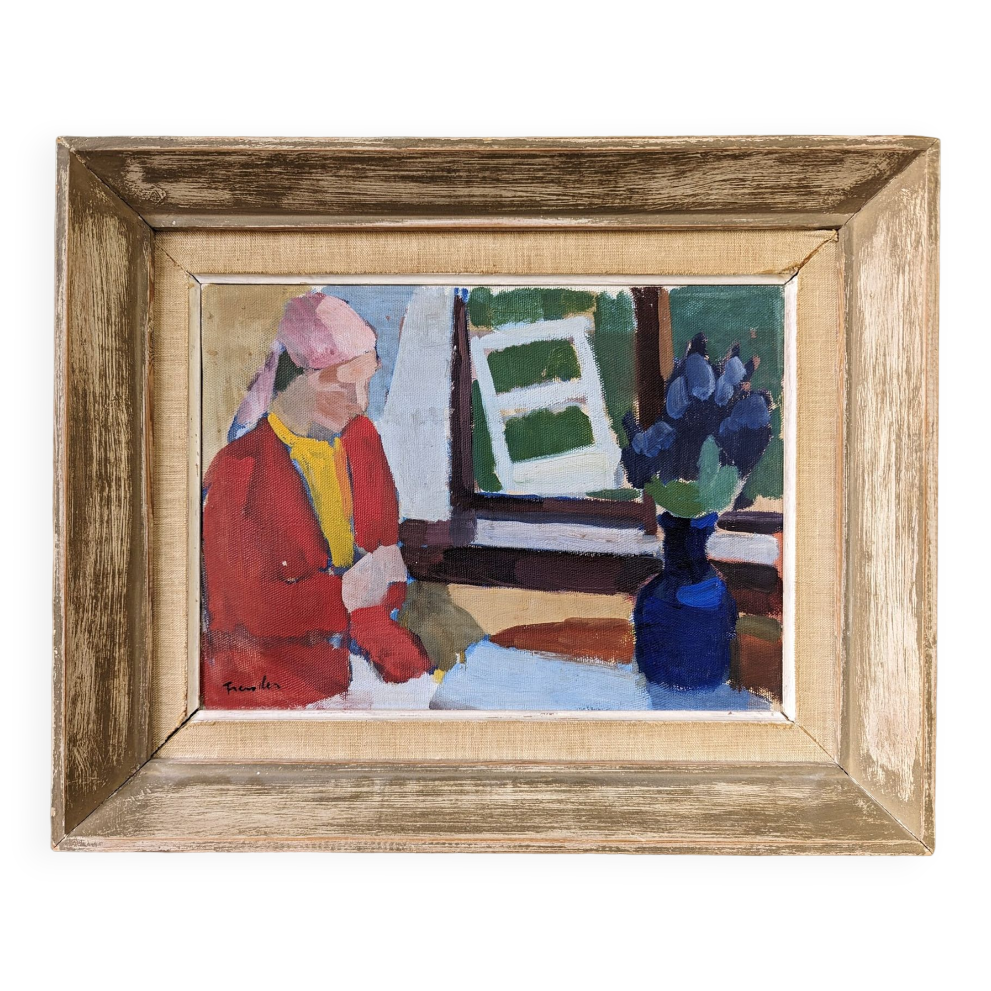 Mid-Century Modern "Window Seat", Swedish Figurative Interior Oil Painting, Framed