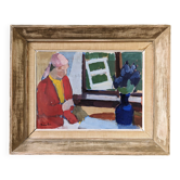 « Window Seat » moderne du milieu du siècle, peinture à l’huile intérieure figurative suédoise, encadrée