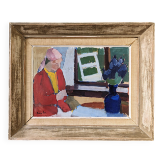 « Window Seat » moderne du milieu du siècle, peinture à l’huile intérieure figurative suédoise, encadrée