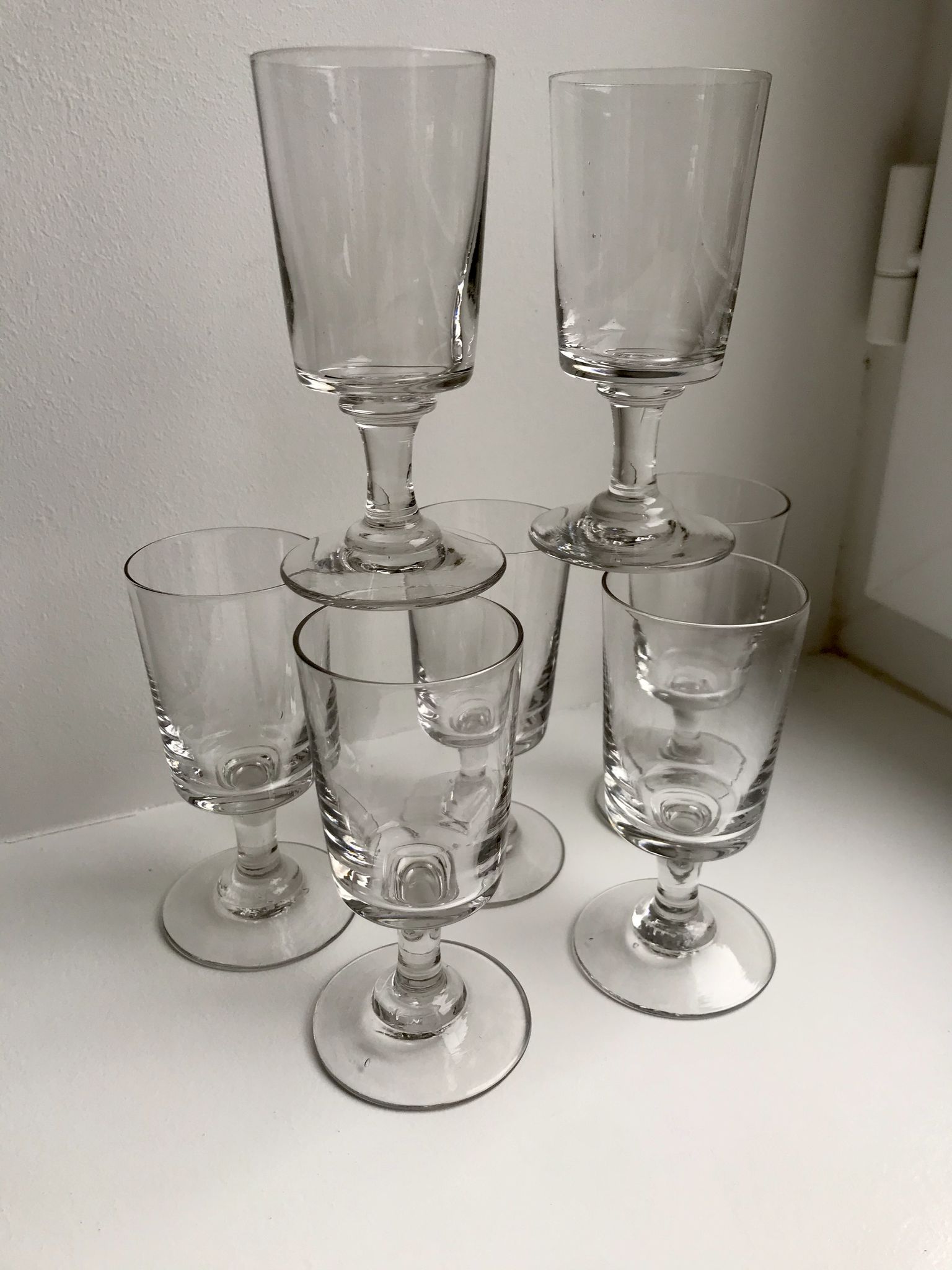 set of 7 glasses with molded glass stems old early twentieth century