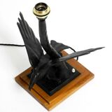1940s table lamp made of iron in the shape of an eagle, teak wooden base