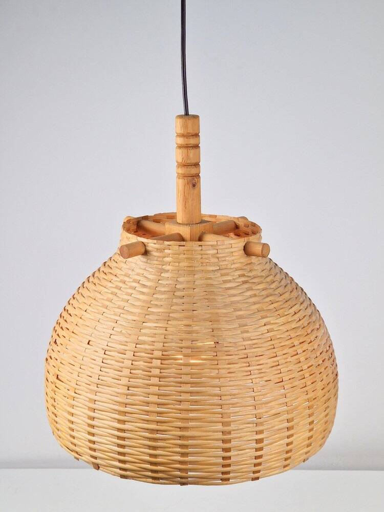 Scandinavian Wicker Rattan and Pine Pendant Lamp, 1960s