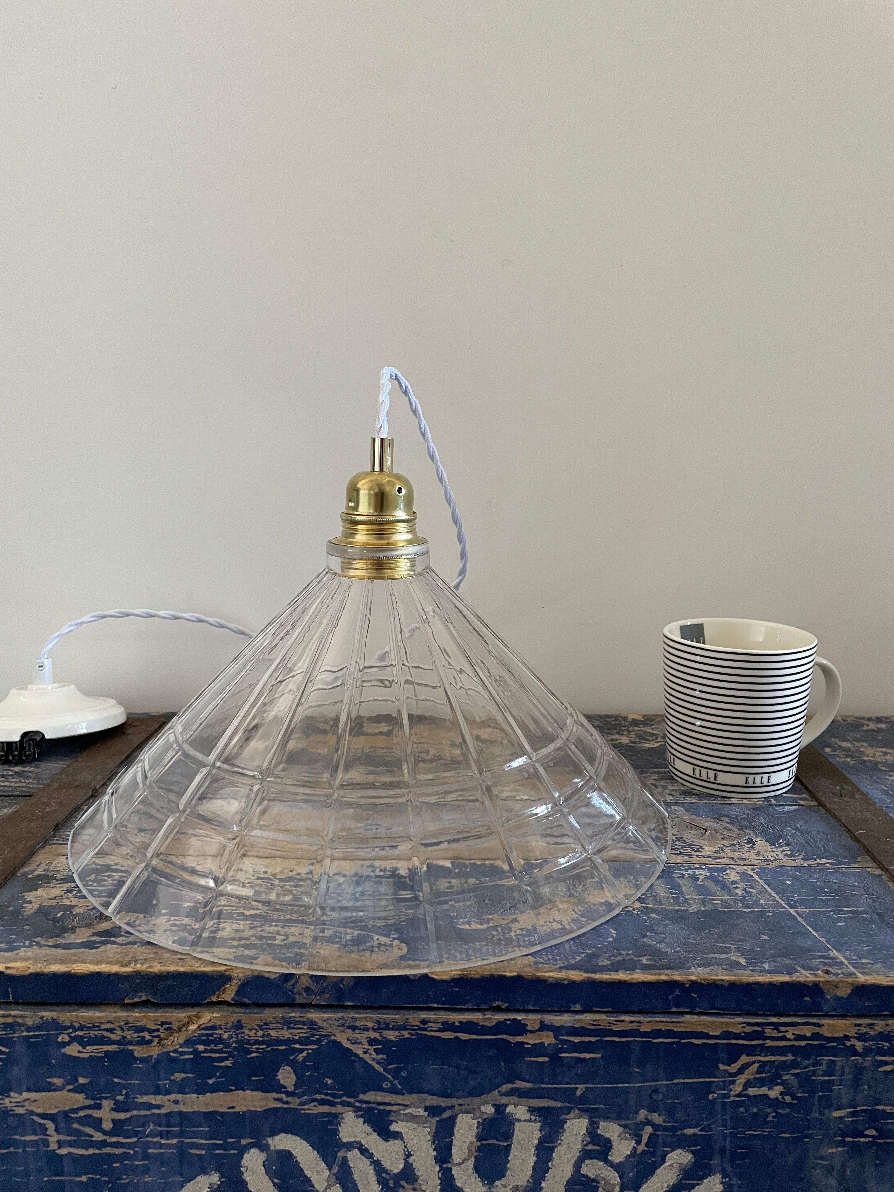 Suspension vintage en verre quadrillé électrifiée à neuf
