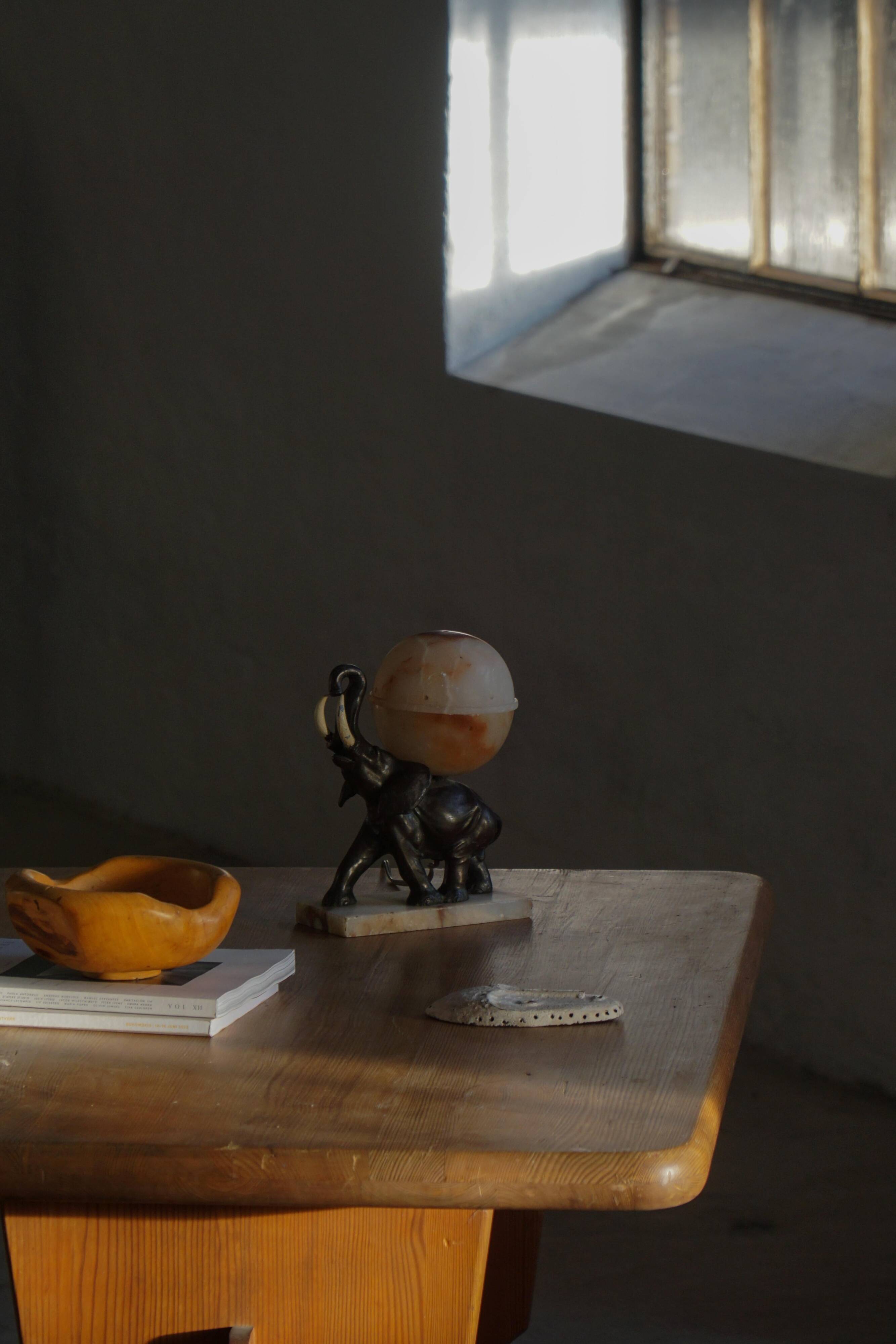 Art Deco Table Lamp, Elephant with Alabaster Globe, Early 20th Century, 1930s