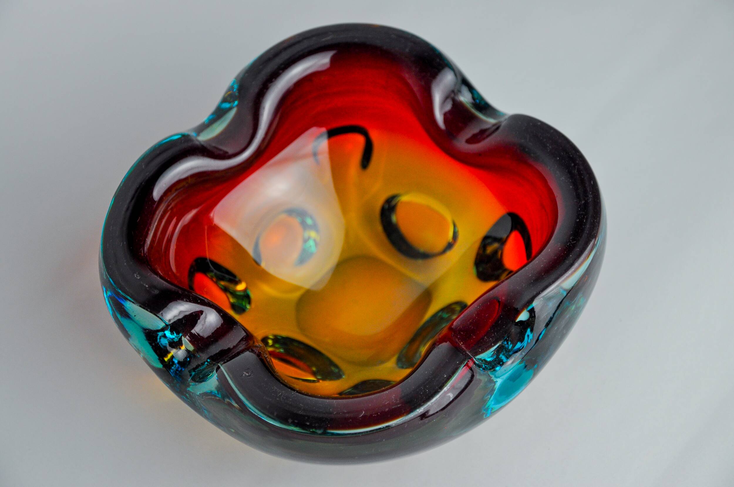 Sommerso orange and blue trinket tray by Flavio Poli for Seguso, Murano glass, Italy, 1970