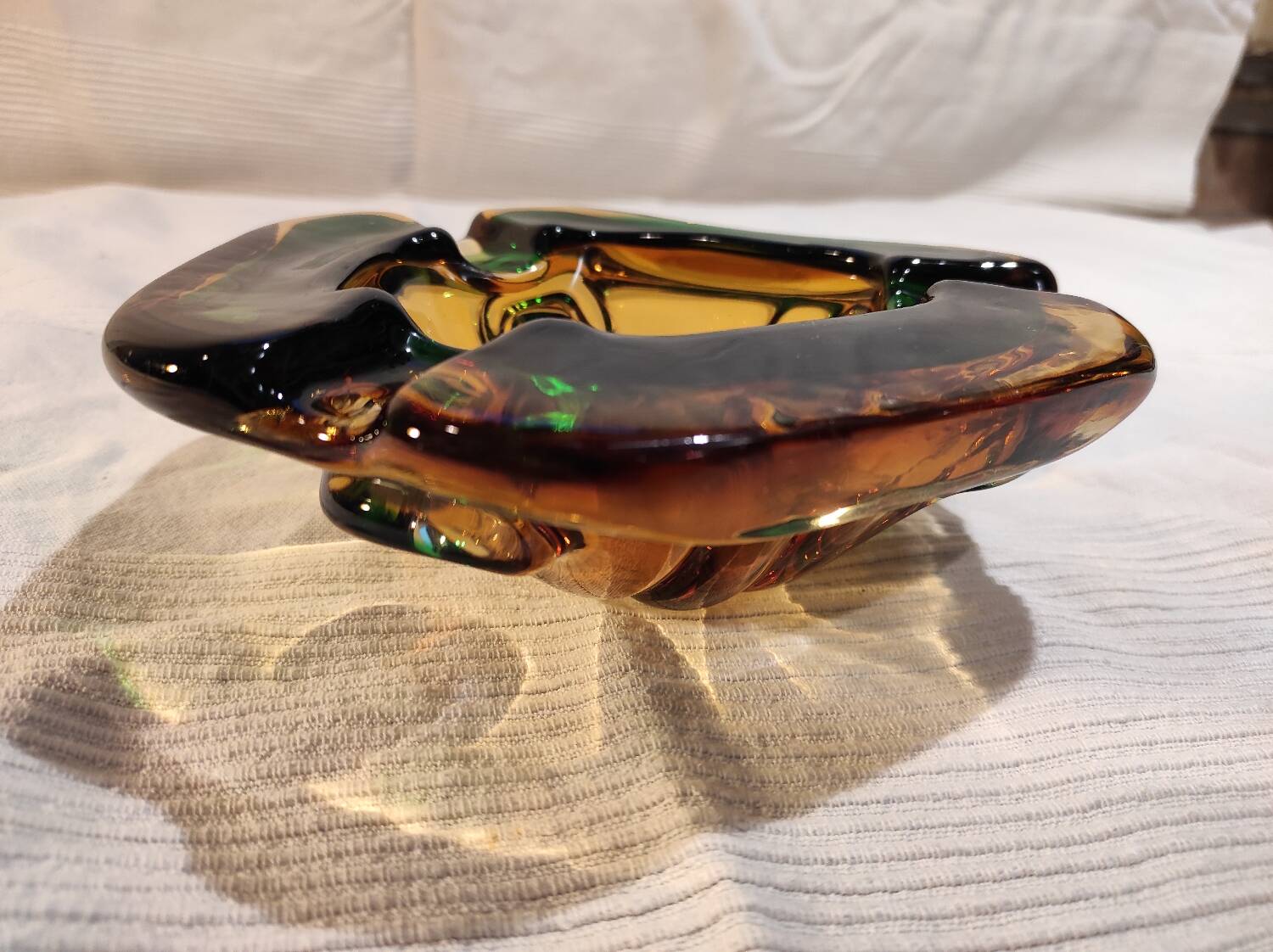 Murano green and yellow blown glass ashtray, 1970