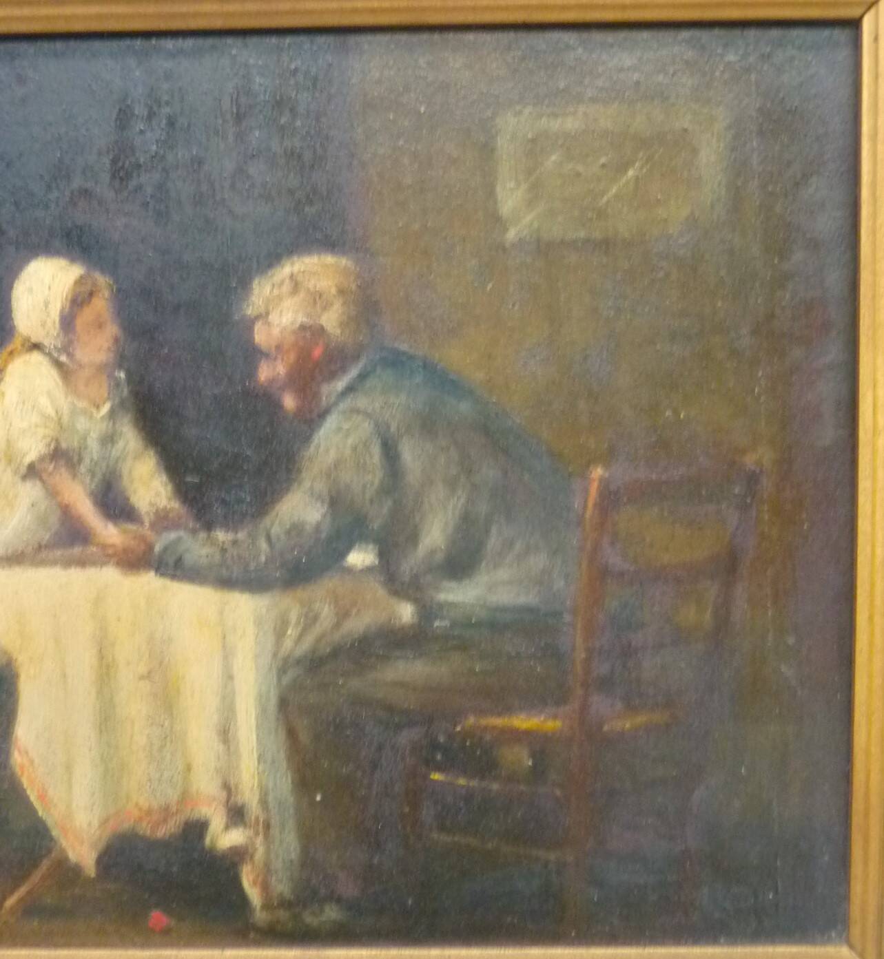 Tableau, huile sur panneau "Bonjour Grand Père", début XXème, cadre doré