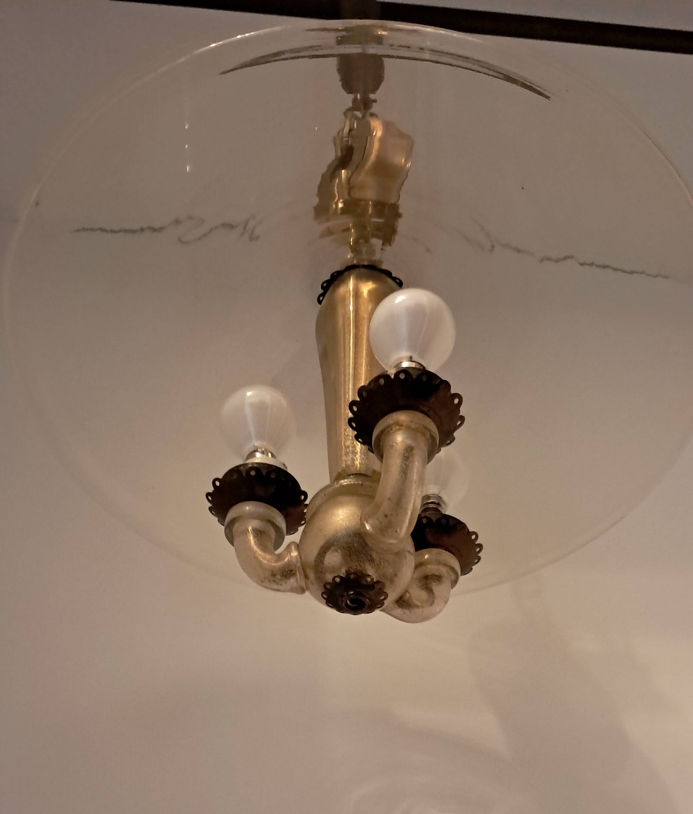 3-light chandelier in Murano glass and gilded brass, 1940.