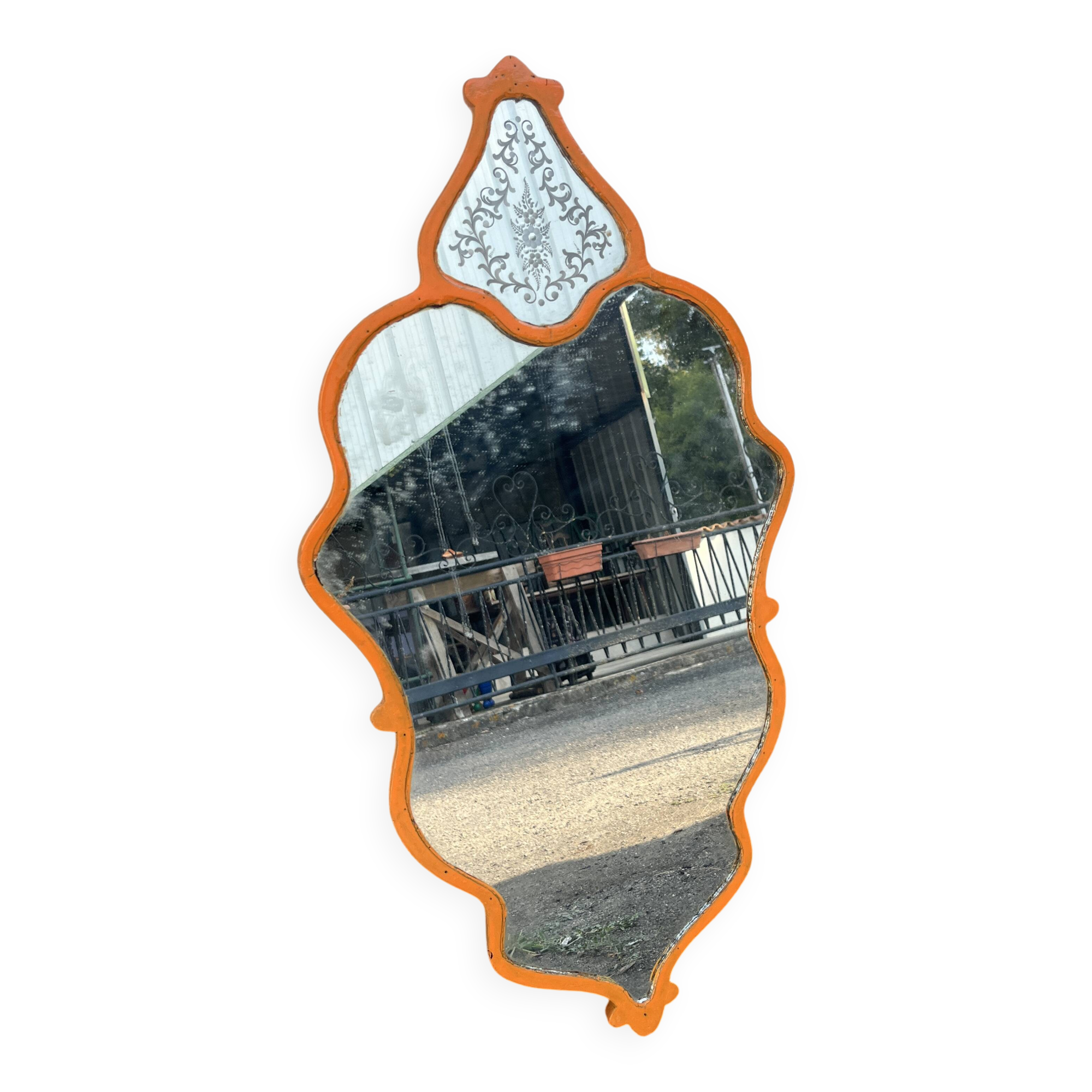 Vintage Venetian mirror, orange painted wooden frame