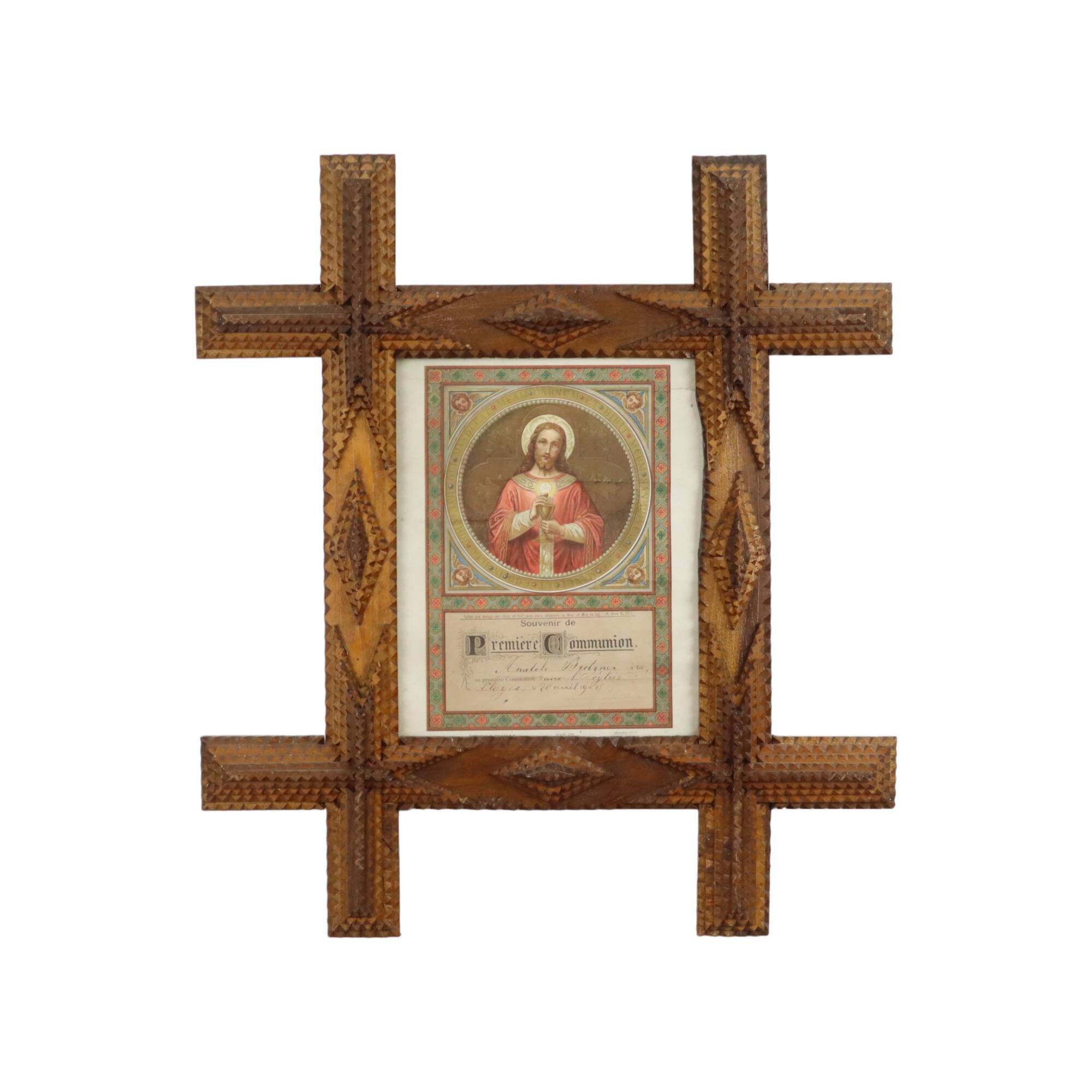 Tramp Art Frame Frame Wood Metal Studs Early 20th Century France 50cm