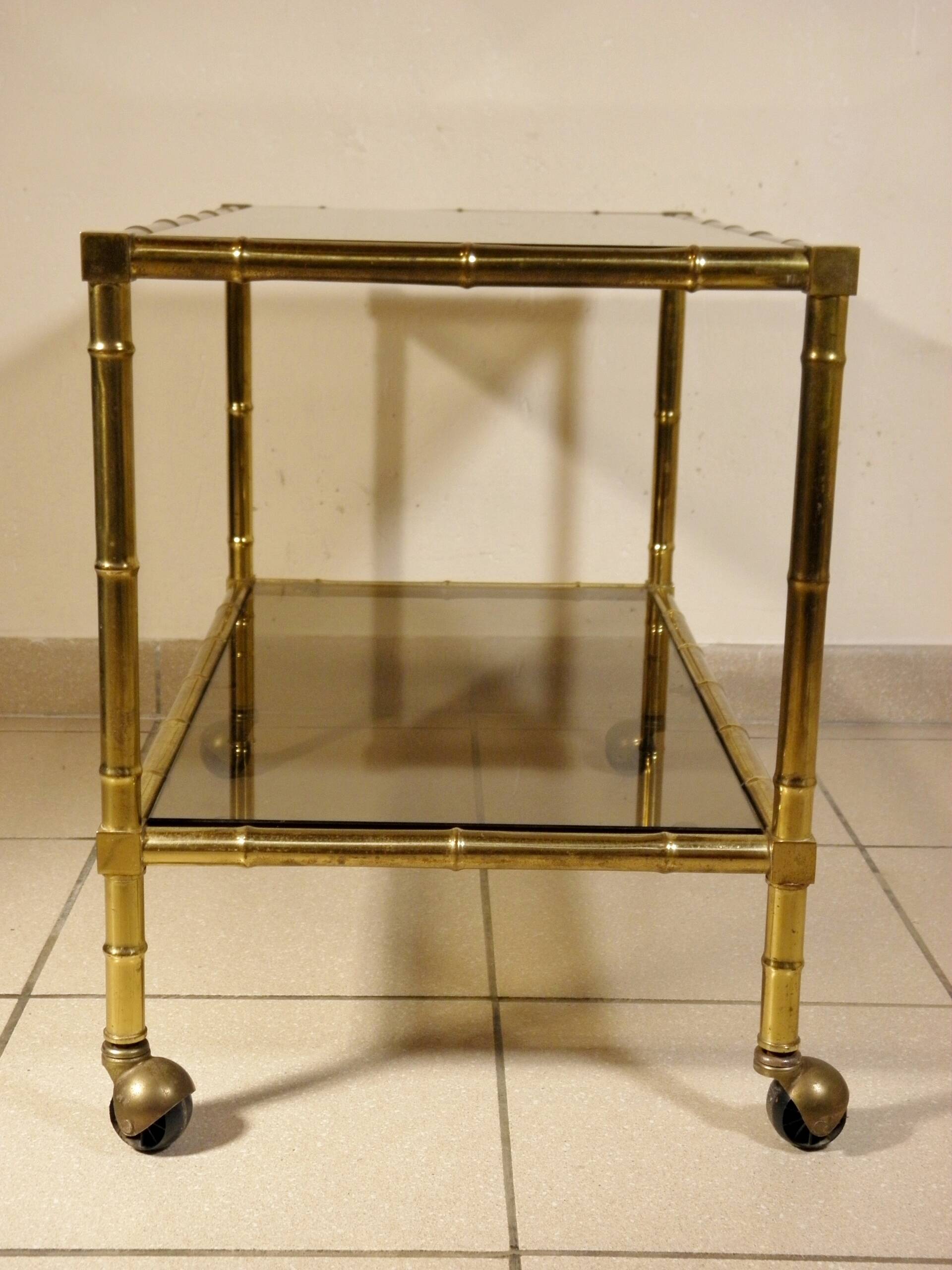 Serving trolley, table on wheels in "bamboo" brass