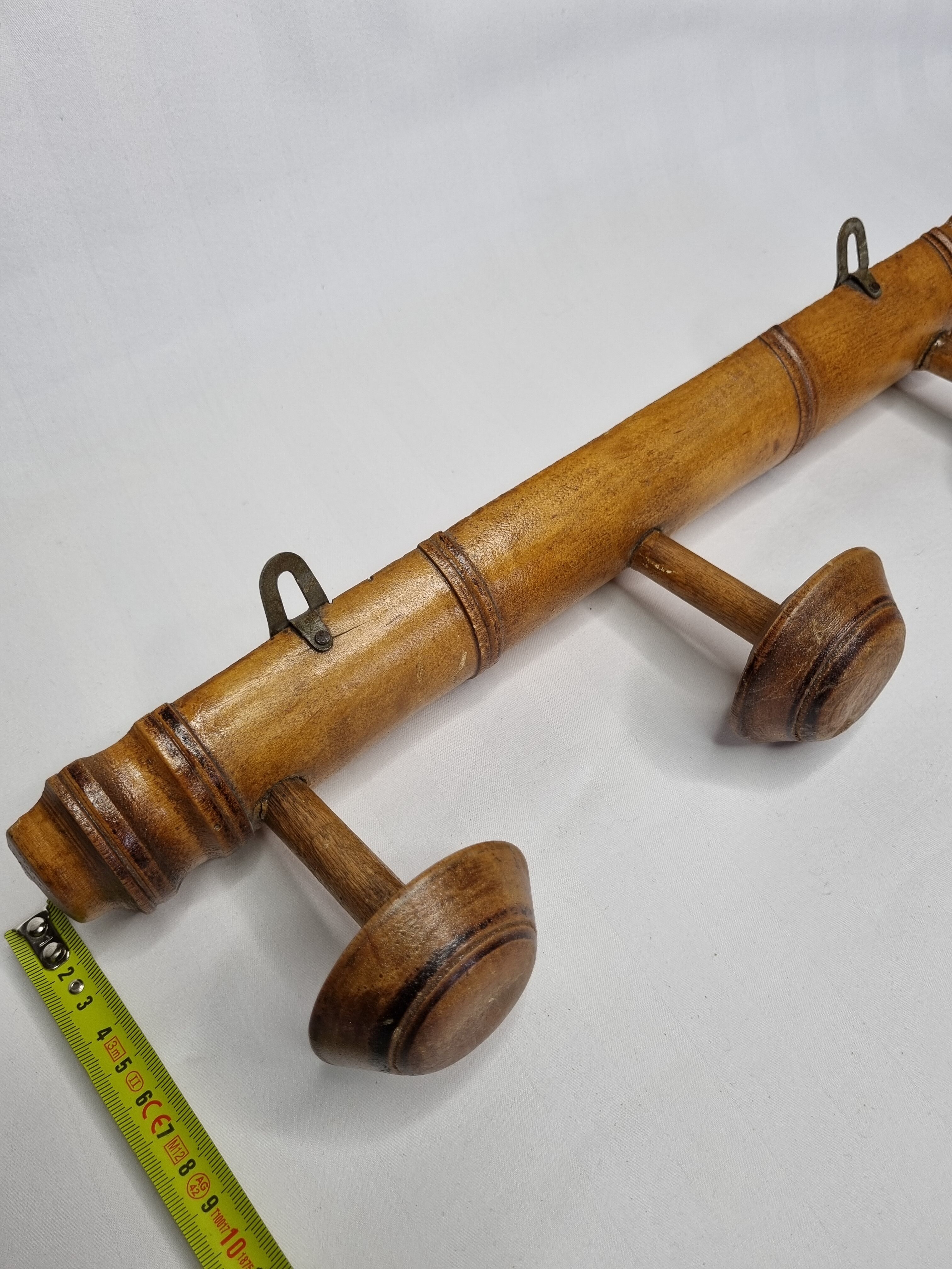 Ancien portemanteau rustique en bois tourné à l'imitation du bambou 1900, 3 patères