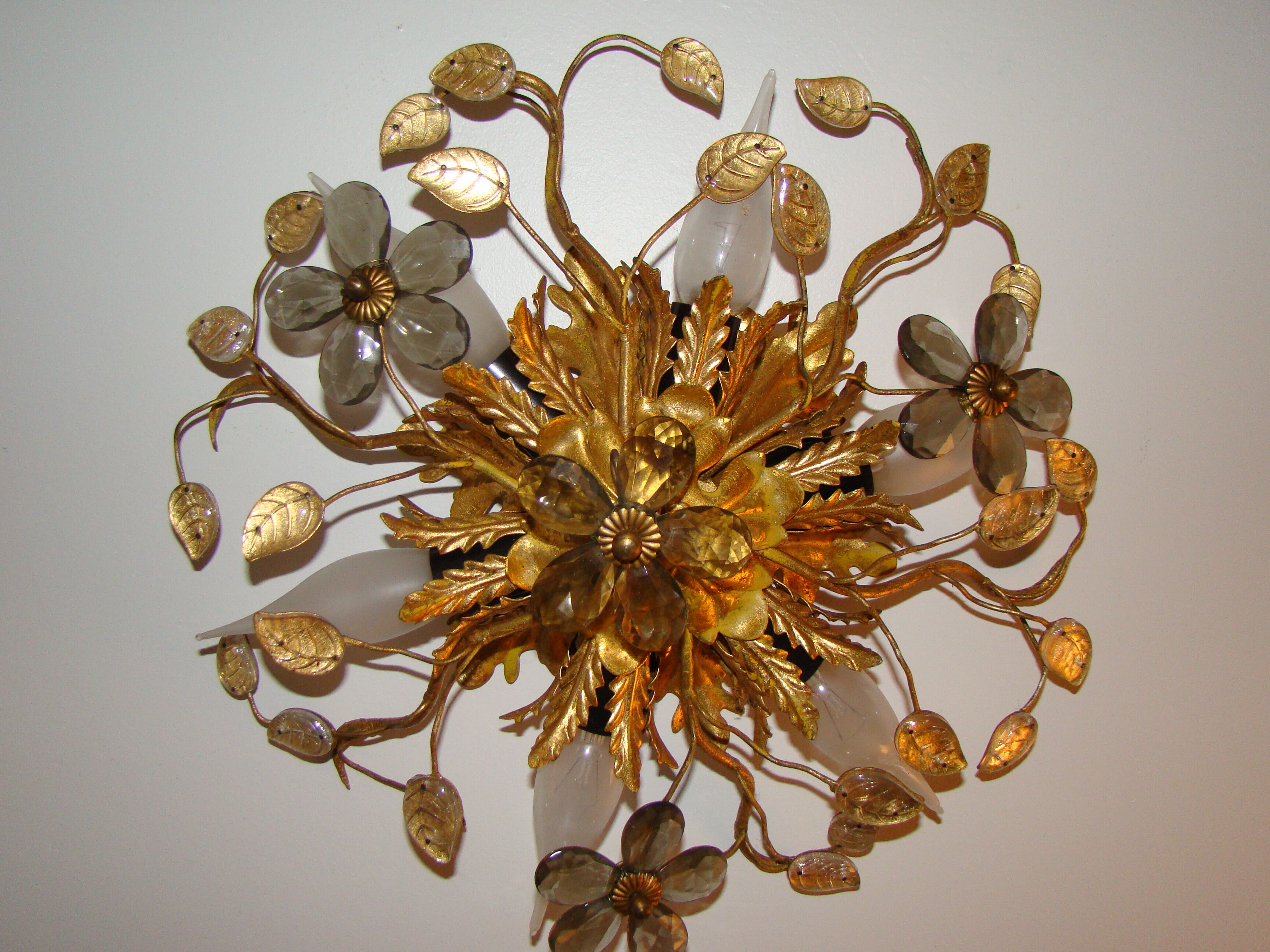Vintage wall lamp or ceiling lamp in golden metal, glass flowers