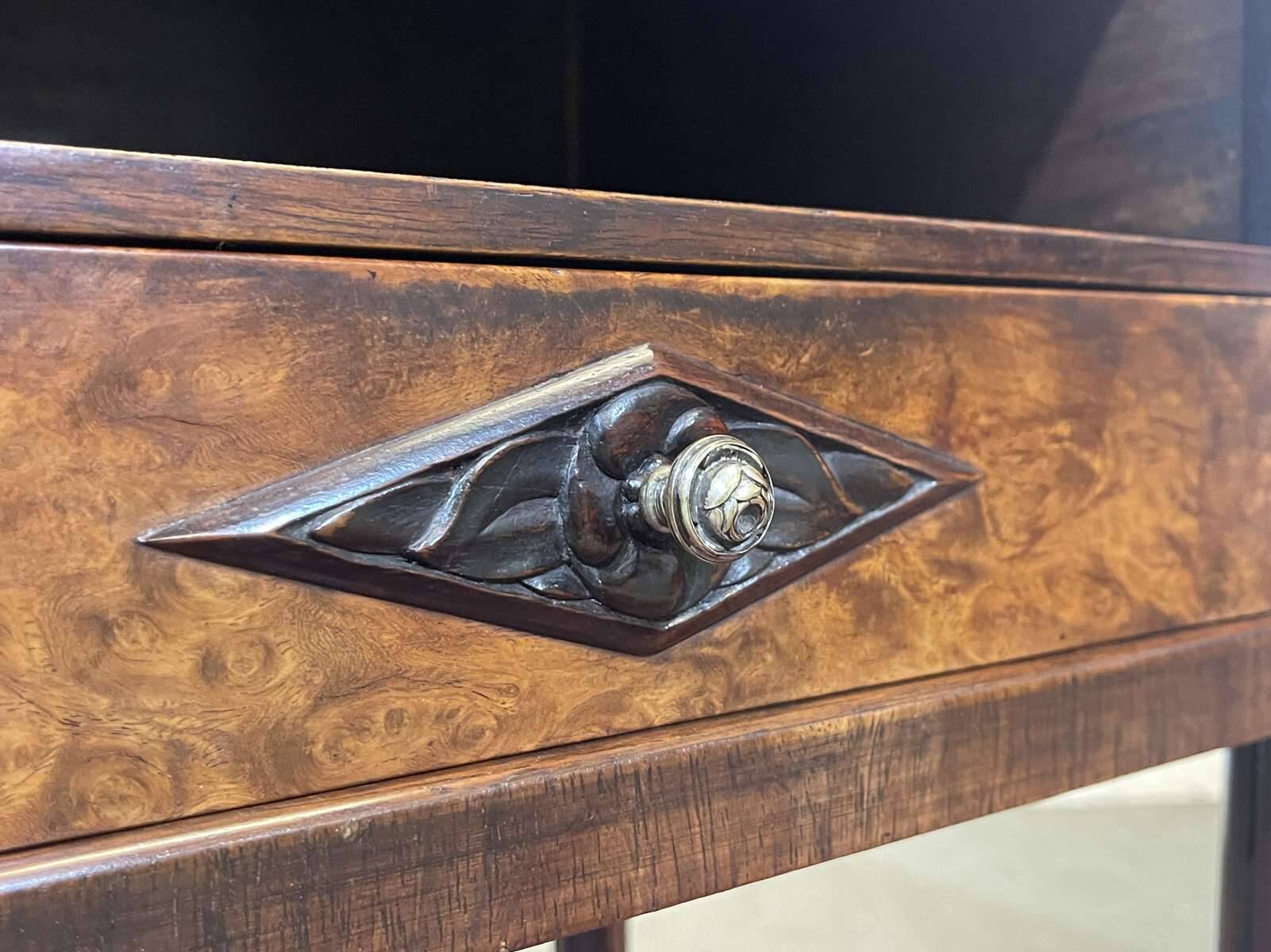 Art Deco bedside table in rosewood, walnut burl, and marble top.
