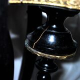 Napoleon III Gueridon Table blackened wood and gilded bronze swan - Mother-of-pearl marquetry top 19th century.