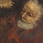 The Holy Family, ancient oil painting on panel, 16th-17th century.